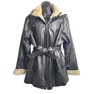 Marc Mattis Womens Black Faux Leather Removable Liner/Hood Zipper Jacket Coat L